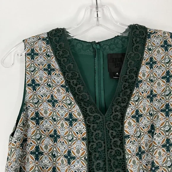 Anna Sui Green White Printed Lace Detail V-Neck Sleeveless Mini Dress 4 Silk - Picture 7 of 10